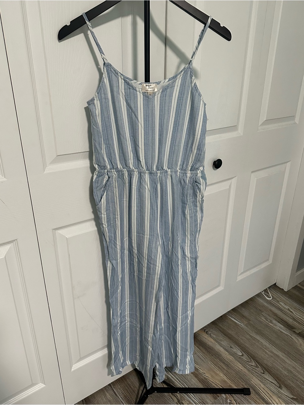 Striped Light Blue & White Spaghetti-Strap Jumpsuit